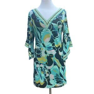 TRINA TURK Silk Blue/Green Printed Sheath V-Neck Tunic Dress -Size 2